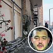 Varias flores cuelgan de los agujeros dejados en la fachada de un edificio por la detonación de la bomba que mató a dos militares en Moscú. A la derecha, Akhmad Kurbanov, detenido por el atentado.