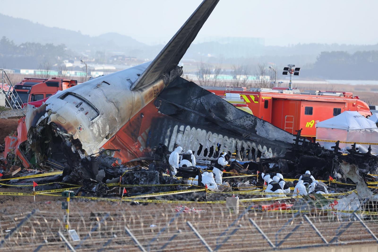 Los investigadores trabajan entre los restos del avión.