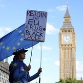 Una manifestante exhibe frente al Parlamento británico una pancarta en favor del regreso del país a la UE.