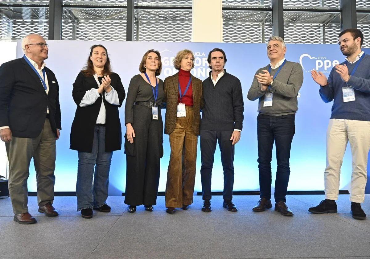 Cuca Gamarra, Ana Iribar -viuda de Gregorio Ordóñez- y José María Aznar, en el homenaje de este sábado en San Sebastián.