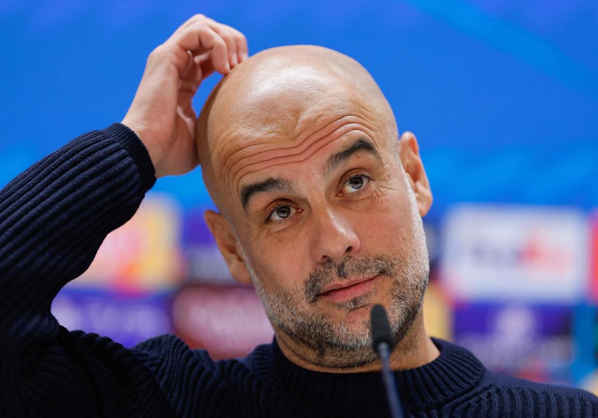 Pep Guardiola, durante su rueda de prensa previa al duelo ante el Real Madrid en el Bernabéu.