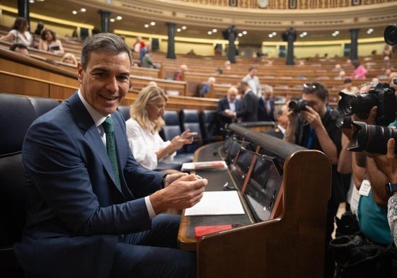 El presidente del Gobierno, Pedro Sánchez, en su escaño del Congreso de los Diputados.