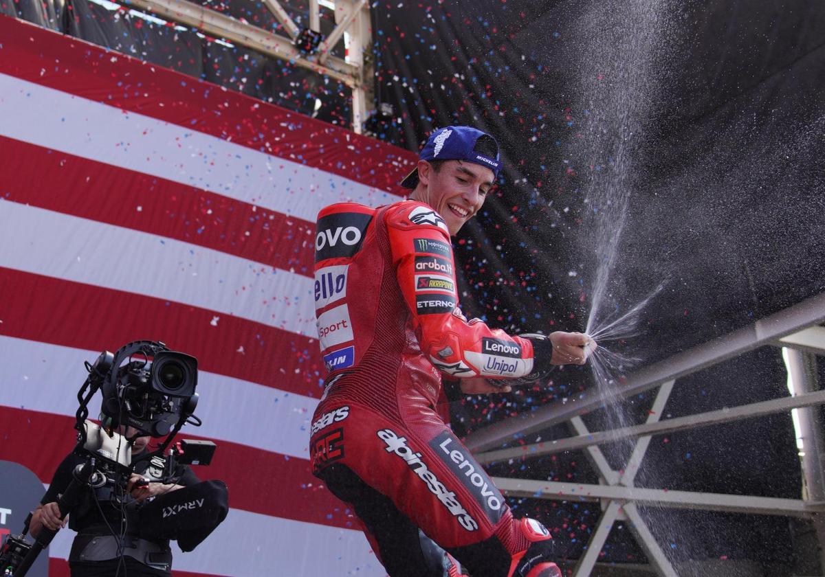 Marc Márquez celebrates his victory in the sprint race at the Grand Prix of the Americas.