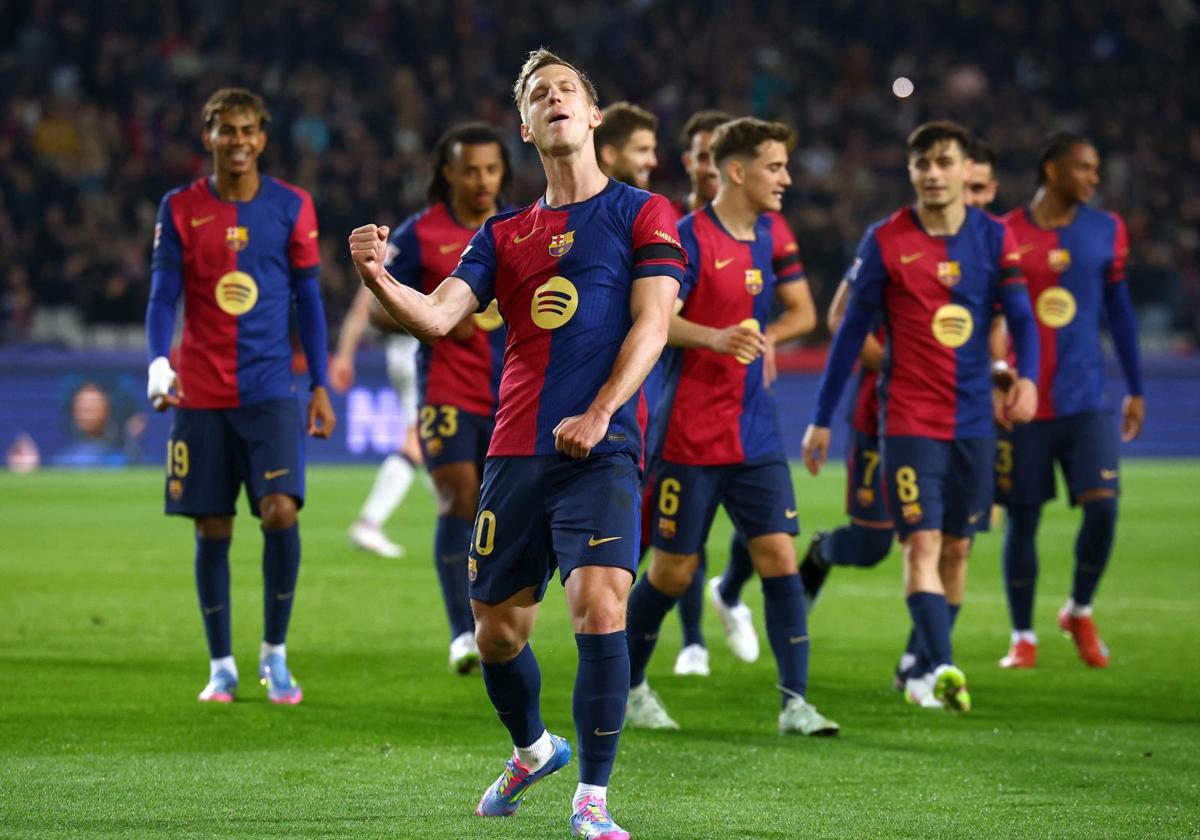 Dani Olmo celebrates a goal with Barça.
