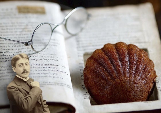Retrato de Marcel Proust en 1895 y foto promocional de la marca 'La Madeleine de Proust'.