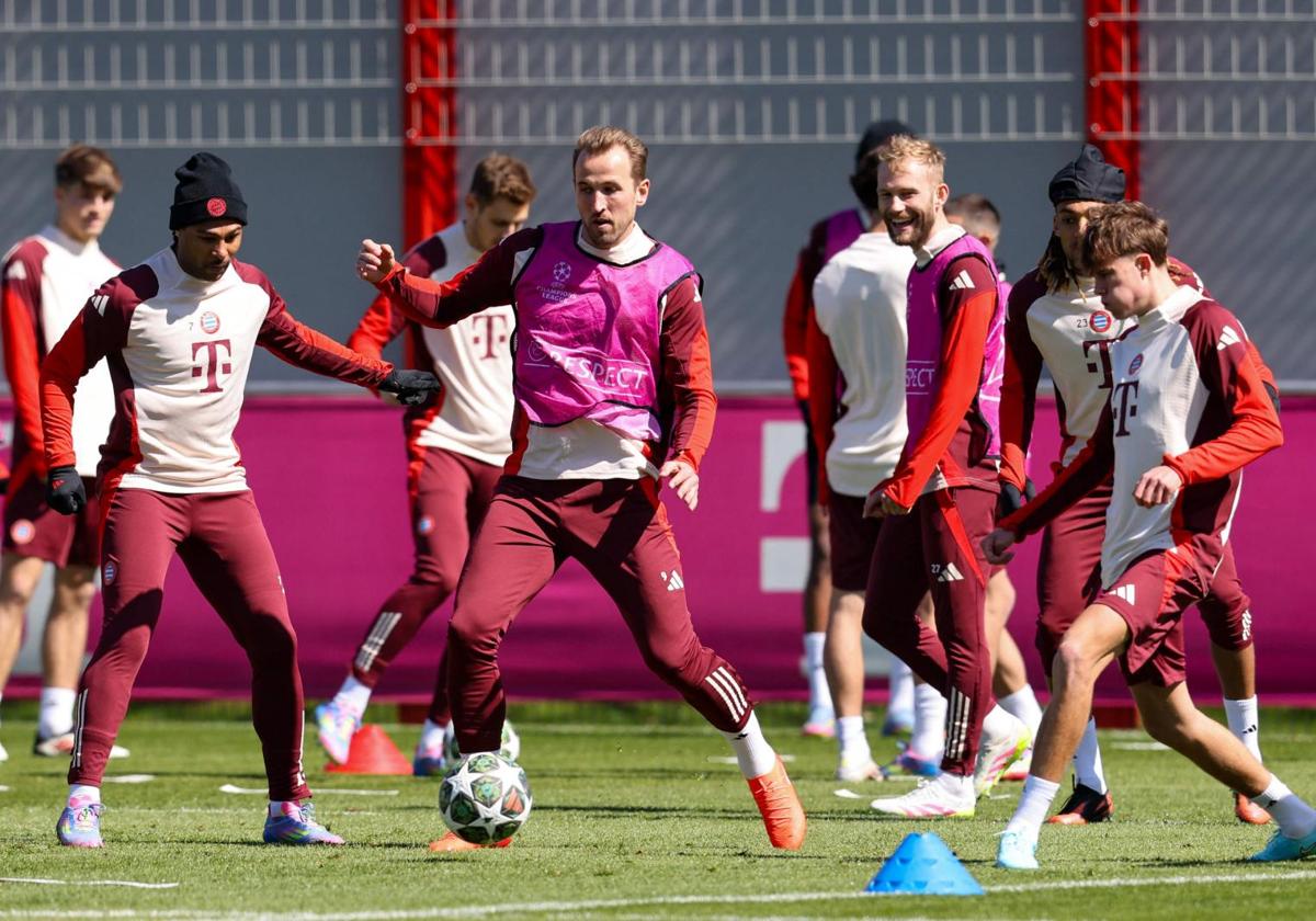Harry Kane, durante el entrenamiento del Bayern previo al partido contra el Inter.