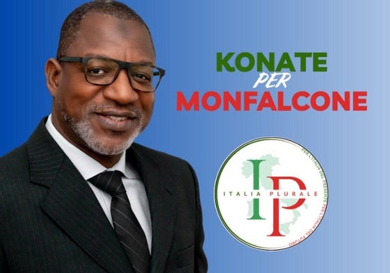Cartel de campaña de Bou Monfalcone, candidato del partido musulmán Italia Plural para las elecciones de la localidad de Monfalcone.