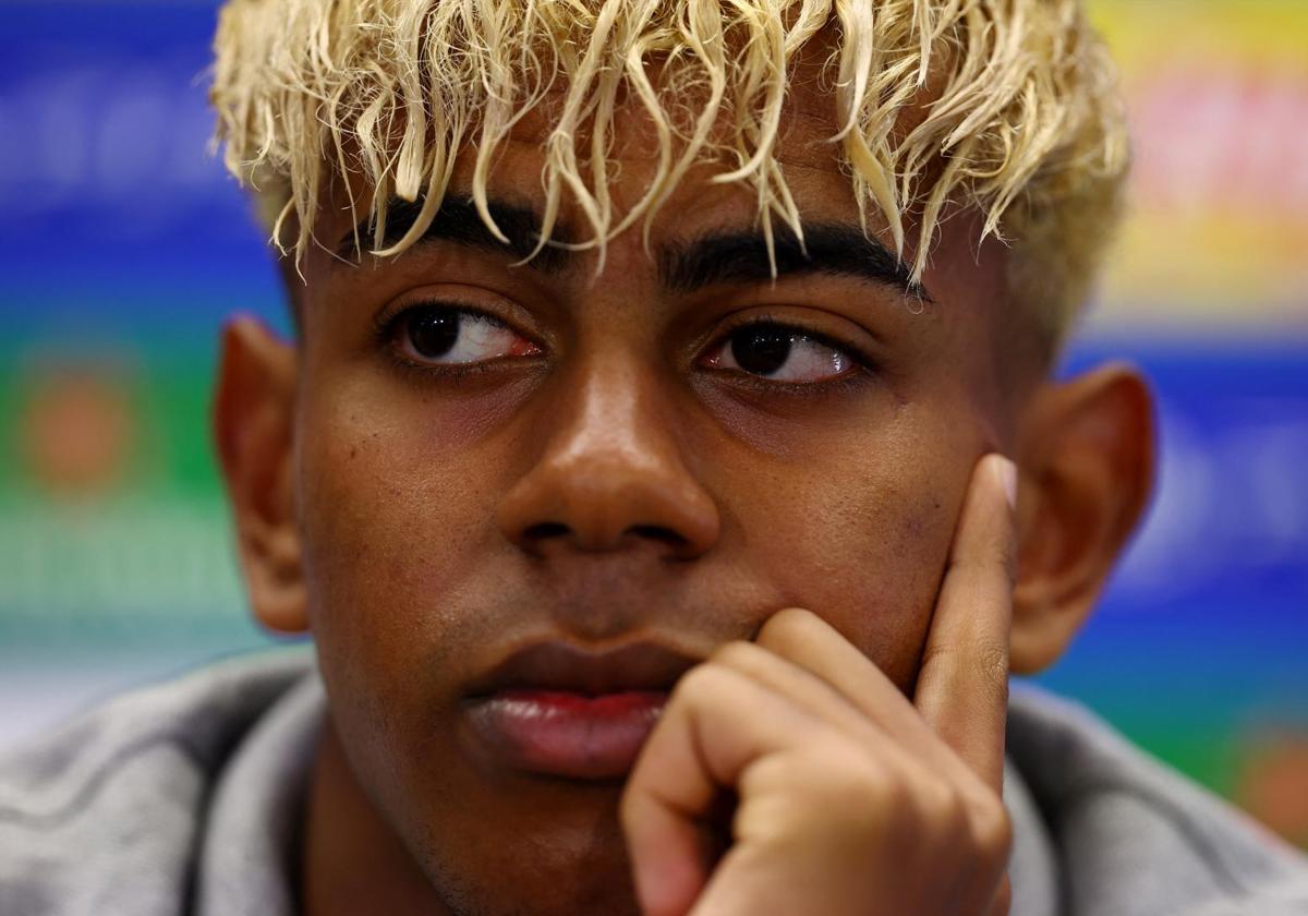 Lamine Yamal, during his appearance ahead of the Barça-Inter match.