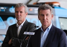 Alberto Núñez Feijóo durante un acto este sábado en Pontevedra junto al presidente de la Xunta, Alfonso Rueda.