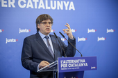 El expresidente catalán Carles Puigdemont en una intervención pública en Waterloo