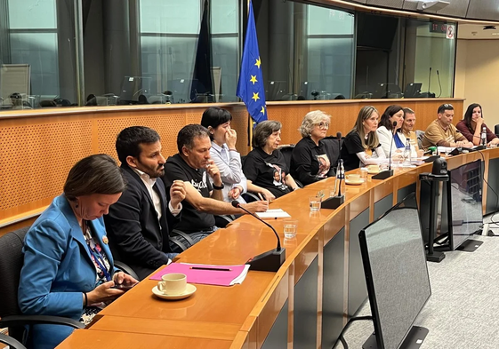 Las víctimas de la dana, con europarlamentarios españoles, este martes.