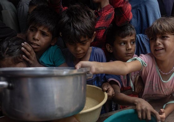 Un grupo de niños intenta conseguir una ración de comida en Gaza.