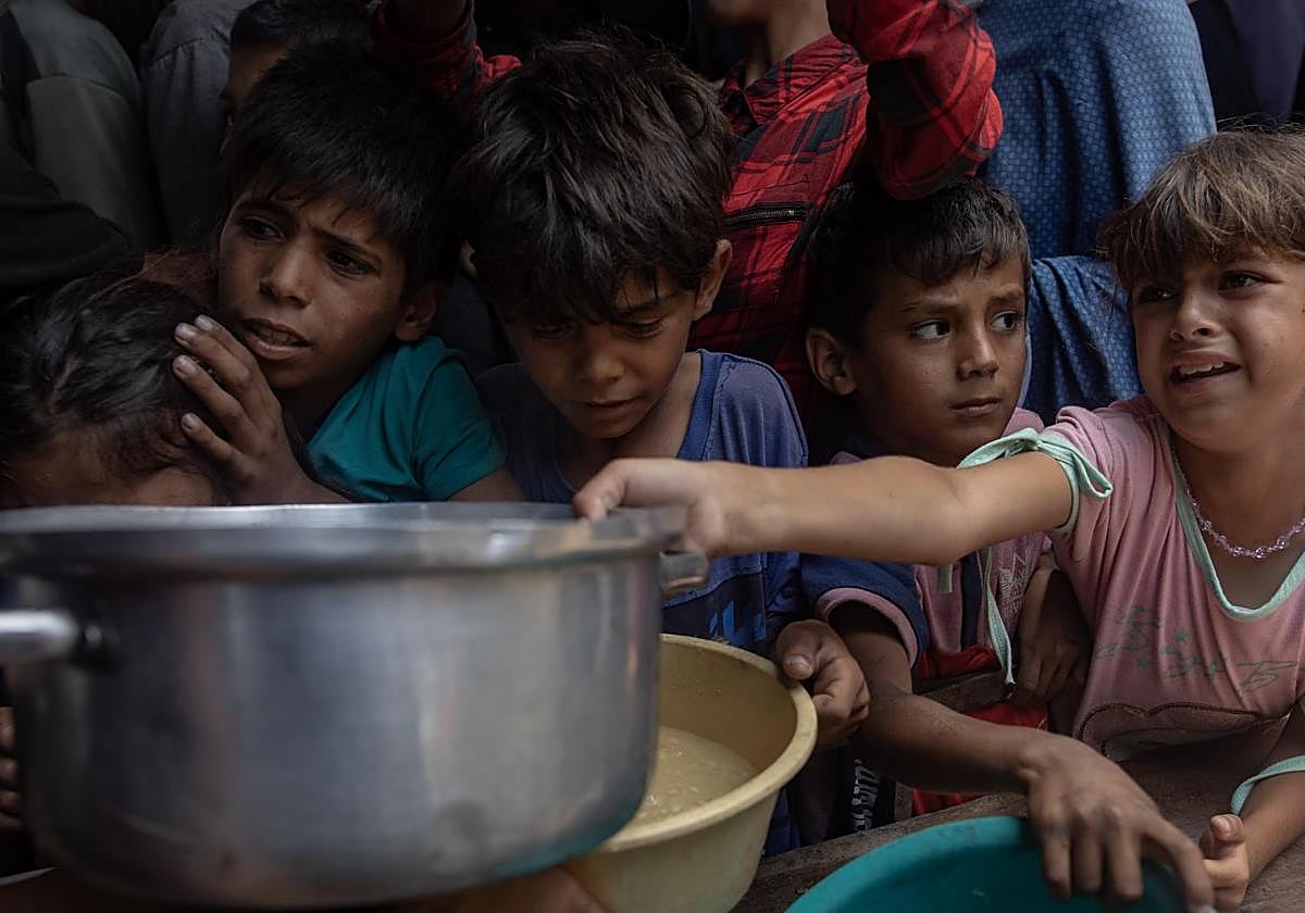 Un grupo de niños intenta conseguir una ración de comida en Gaza.