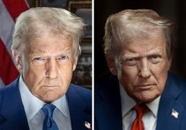A la derecha, el nuevo retrato de Donald Trump, con gesto más cercano y cálido que la primera versión.
