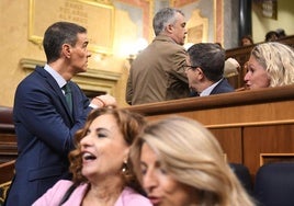 El presidente del Gobierno, Pedro Sánchez, tras pasar por su lado el secretario de Organización del PSOE, Santos Cerdán, al comienzo de la sesión de control al Gobierno este miércoles