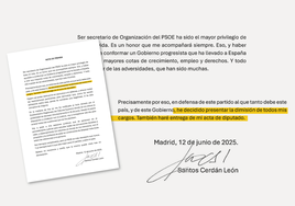 El texto íntegro de la carta de dimisión de Santos Cerdán