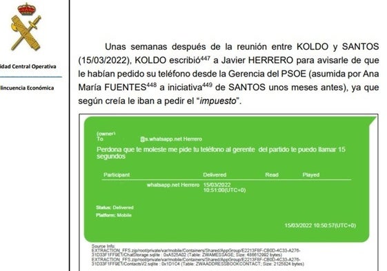Mensaje de Koldo avisando al exdirector de carreteras de que el PSOE le iba a pedir el «impuesto»