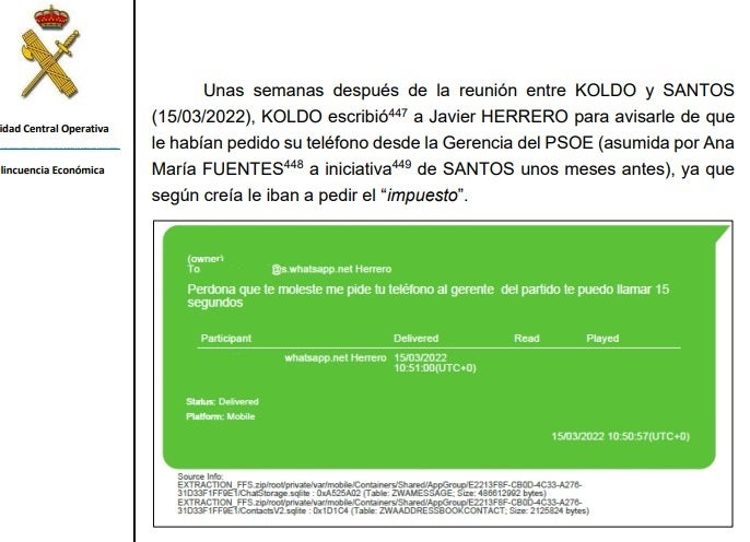 Mensaje de Koldo avisando al exdirector de carreteras de que el PSOE le iba a pedir el «impuesto»