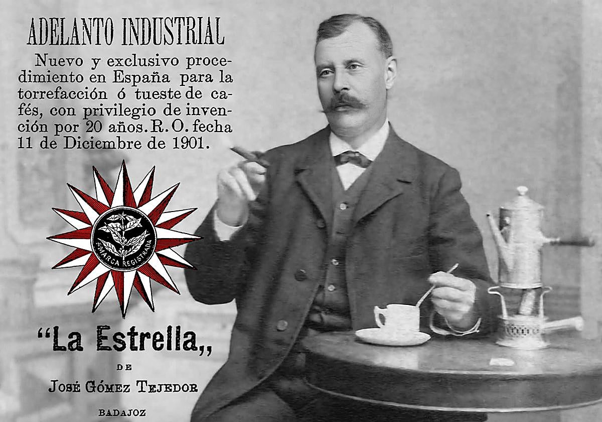 Fotografía de Gómez Tejedor tomando café y publicidad de su marca La Estrella en 1902