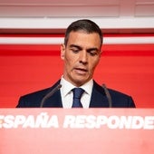El presidente del Gobierno, Pedro Sánchez, comparece el jueves pasado en la sede del PSOE en la madrileña calle Ferraz.