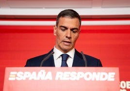 El presidente del Gobierno, Pedro Sánchez, comparece el jueves pasado en la sede del PSOE en la madrileña calle Ferraz.