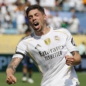Fede Valverde celebra el gol que marcó el centrocampista del Real Madrid ante el Pachuca.