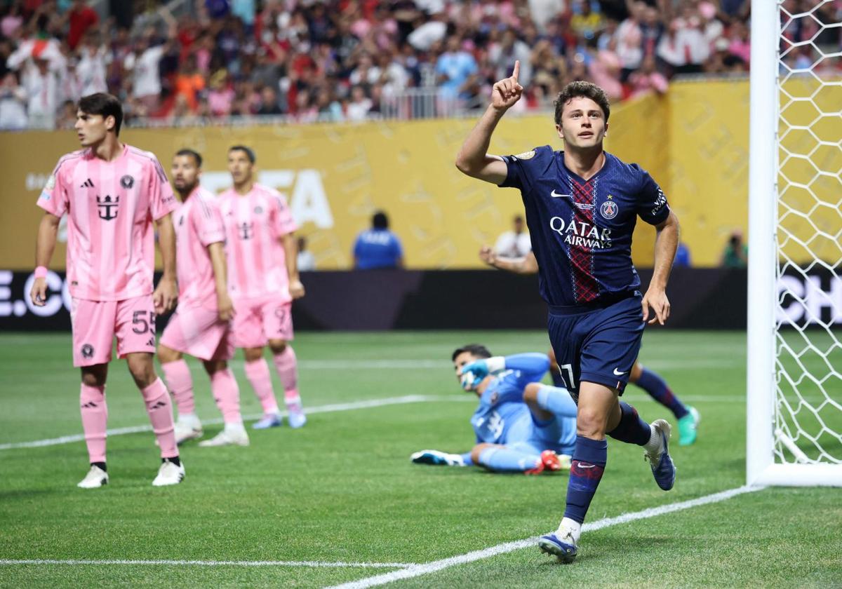 Joao Neves celebrates his first goal against Inter Miami.