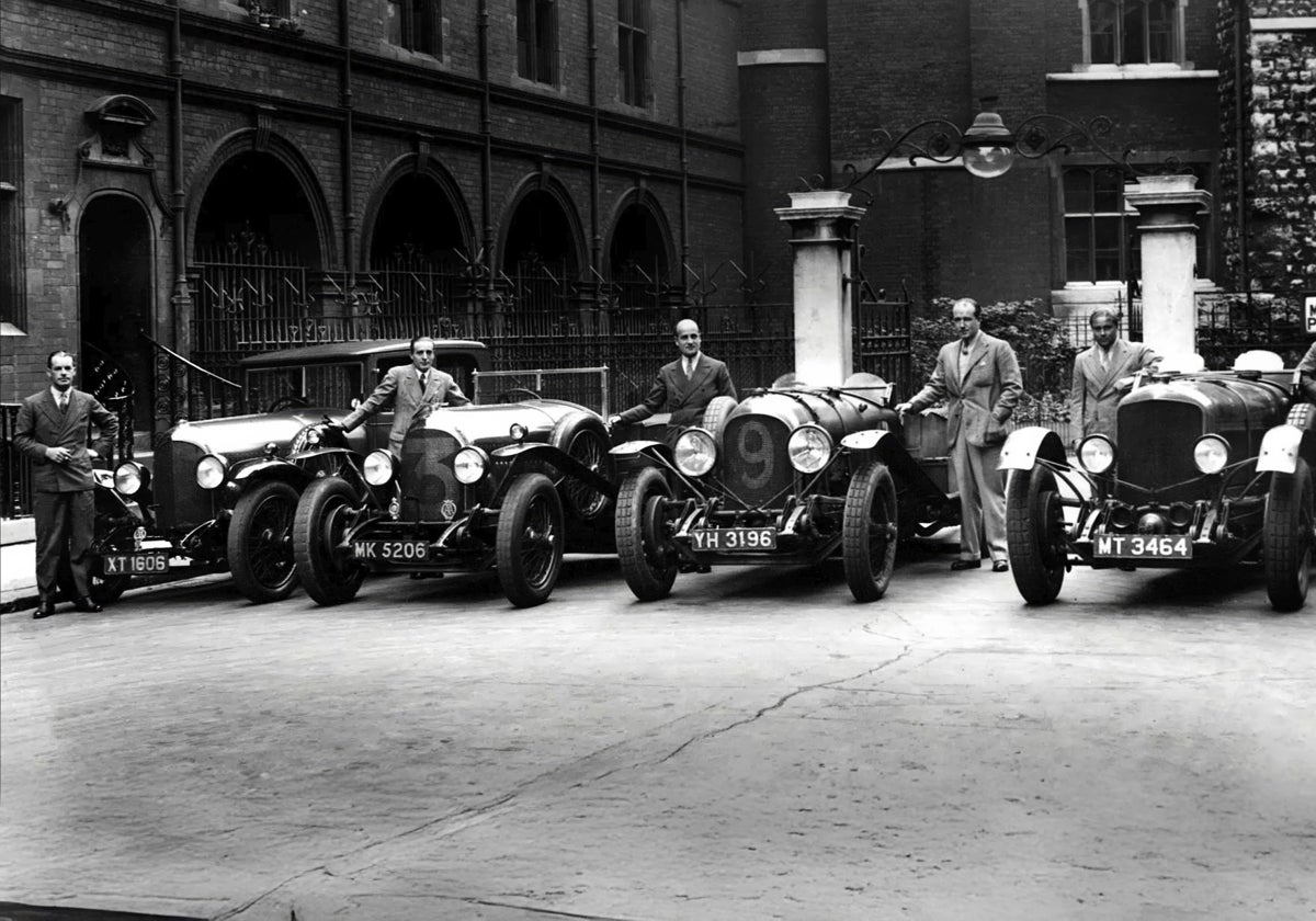 The 2025 team lineup on Mount Street, London, mirrors the famous Bentley Boys photograph.