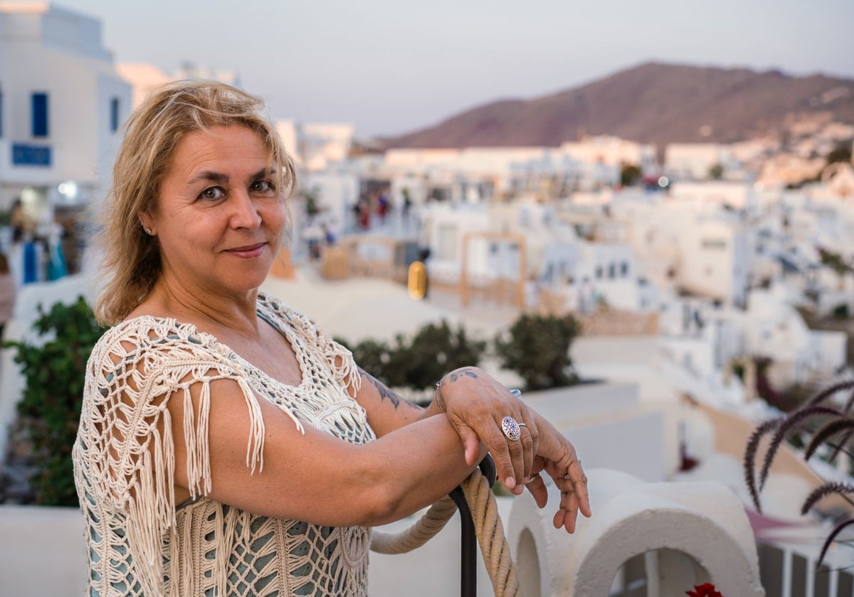 The author in Santorini, where she has set and presented her new novel, 'Our Long Goodbye'.