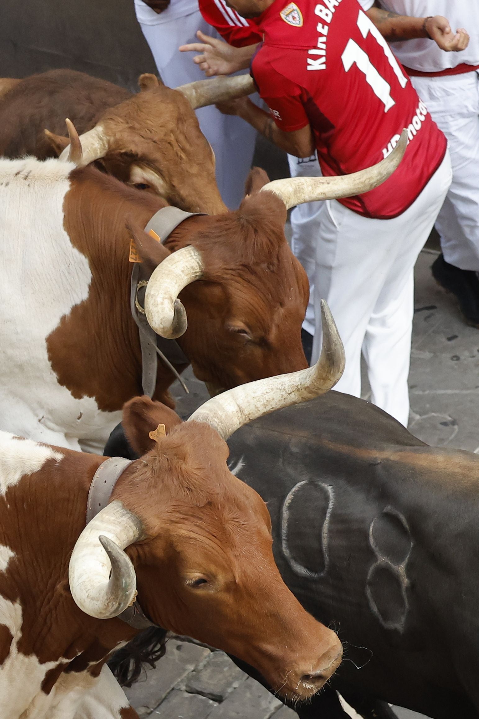 Un mozo recibe un golpe con el asta de uno de los toros de la ganadería Jandilla, pero afortunadamente no ha habido cornada, sólo un traumatismo.