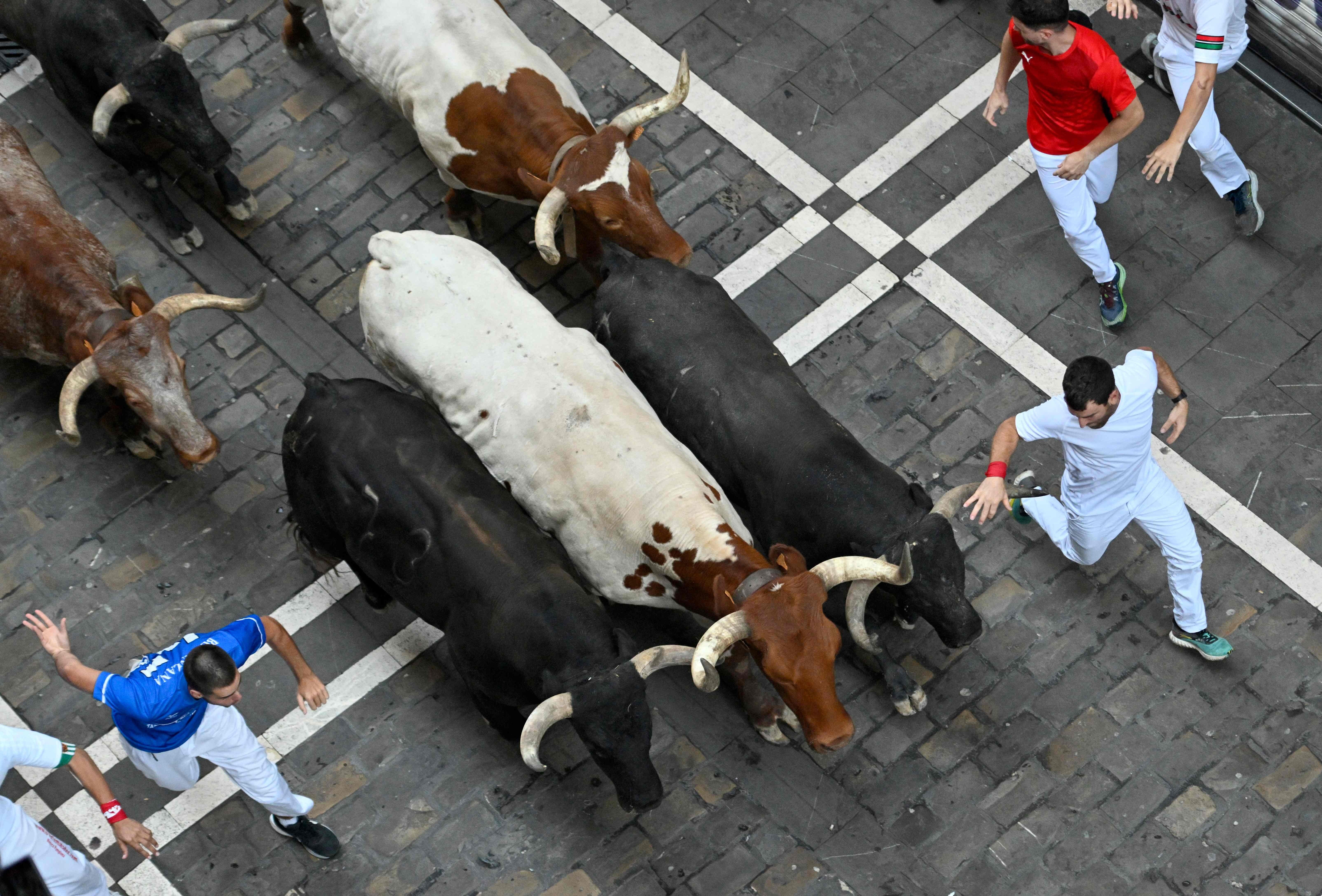Los mozos corren junto con los toros en el último encierro de los Sanfermines