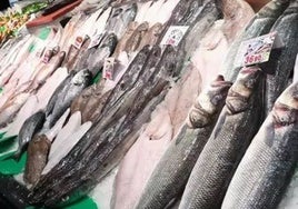 Distintas especies de peces frescos en el mural de una pescadería.