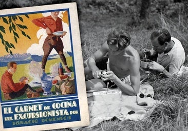 Portada del recetario 'El carnet de cocina del excursionista' (1929) y fotografía de 1935.