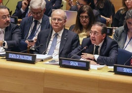 El ministro de Exteriores español, José Manuel Albares, durante su intervención este lunes en la ONU.