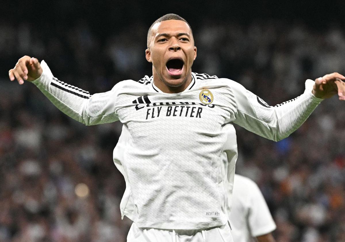 Kylian Mbappé celebrating a goal during his first season at Real Madrid.