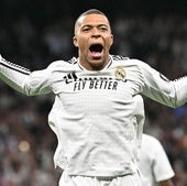 Kylian Mbappé, celebrando un gol durante su primera temporada en el Real Madrid.