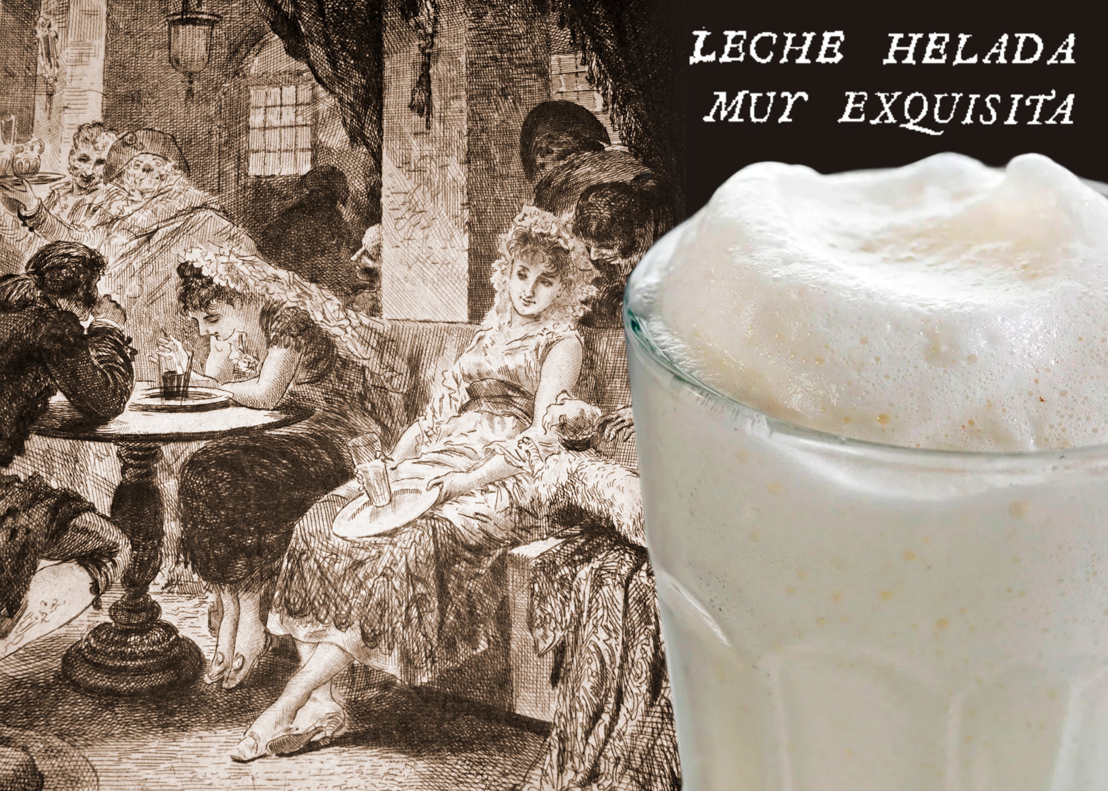 Vaso de leche merengada y escena de botillería según un grabado de Josep Llovera (s. XIX.