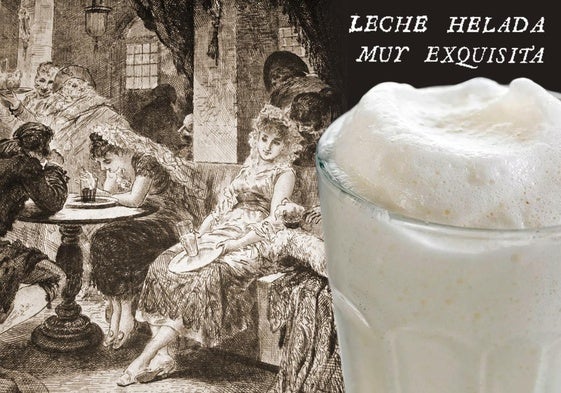 Vaso de leche merengada y escena de botillería según un grabado de Josep Llovera (s. XIX.
