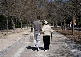 Un jubilado pasea por un parque.