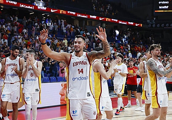 Los jugadores de la selección española de baloncesto, tras el amistoso ante Alemania en Madrid.