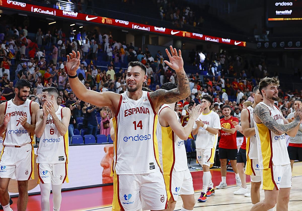 Los jugadores de la selección española de baloncesto, tras el amistoso ante Alemania en Madrid.