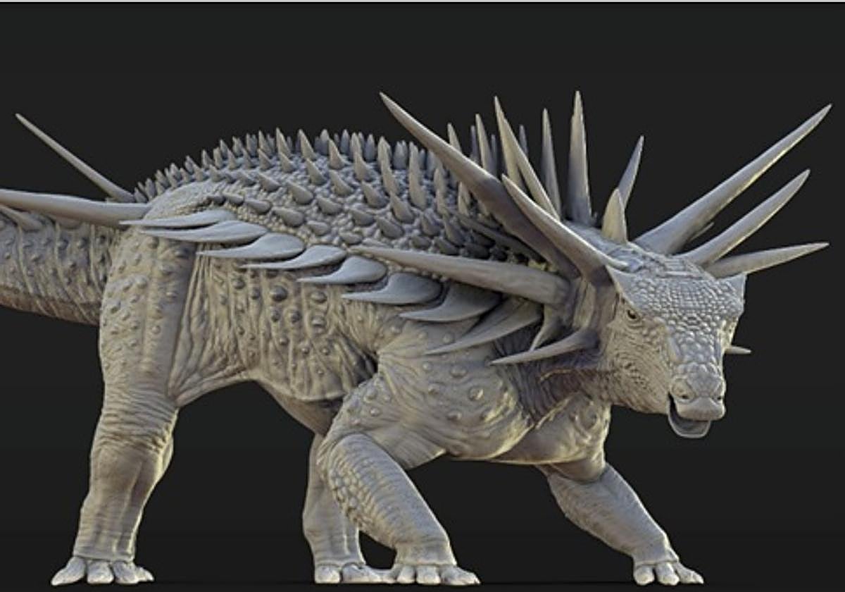 Recreación artística del spicomellus afer, cubierto de púas, algunas fusionadas con el esqueleto del animal.