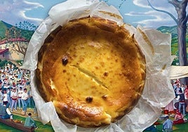 Tarta de queso sobre escena de romería vasca