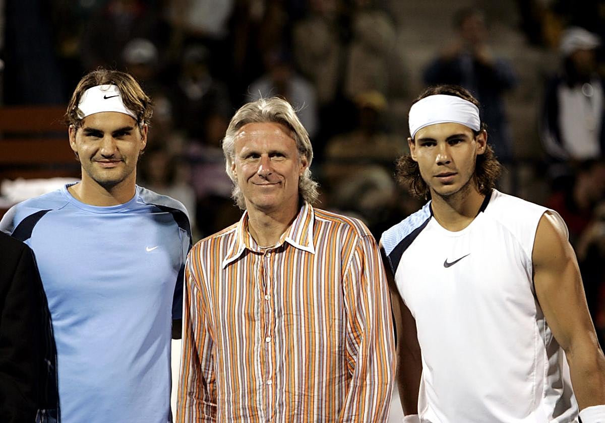 Bjorn Borg posa con Rafael Nadal y Roger Federer en el Abierto de Dubai de 2006.