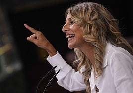 La viceprsidenta segunda, Yolanda Díaz, este miércoles durante el primer pleno del curso político en el Congreso, en el que decayó su reforma para reducir la jornada laboral.
