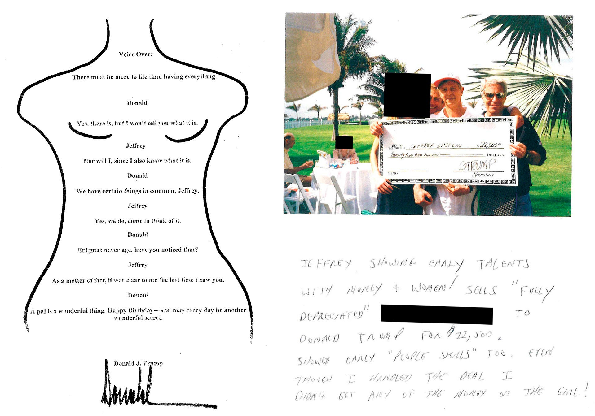 A la izquierda el 'poema' que lleva la firma de Donald Trump. A la derecha, el cheque de 22.500 dólares a cambio de una mujer 'sin ningún valor' supuestamente emitido por el actual presidente norteamericano