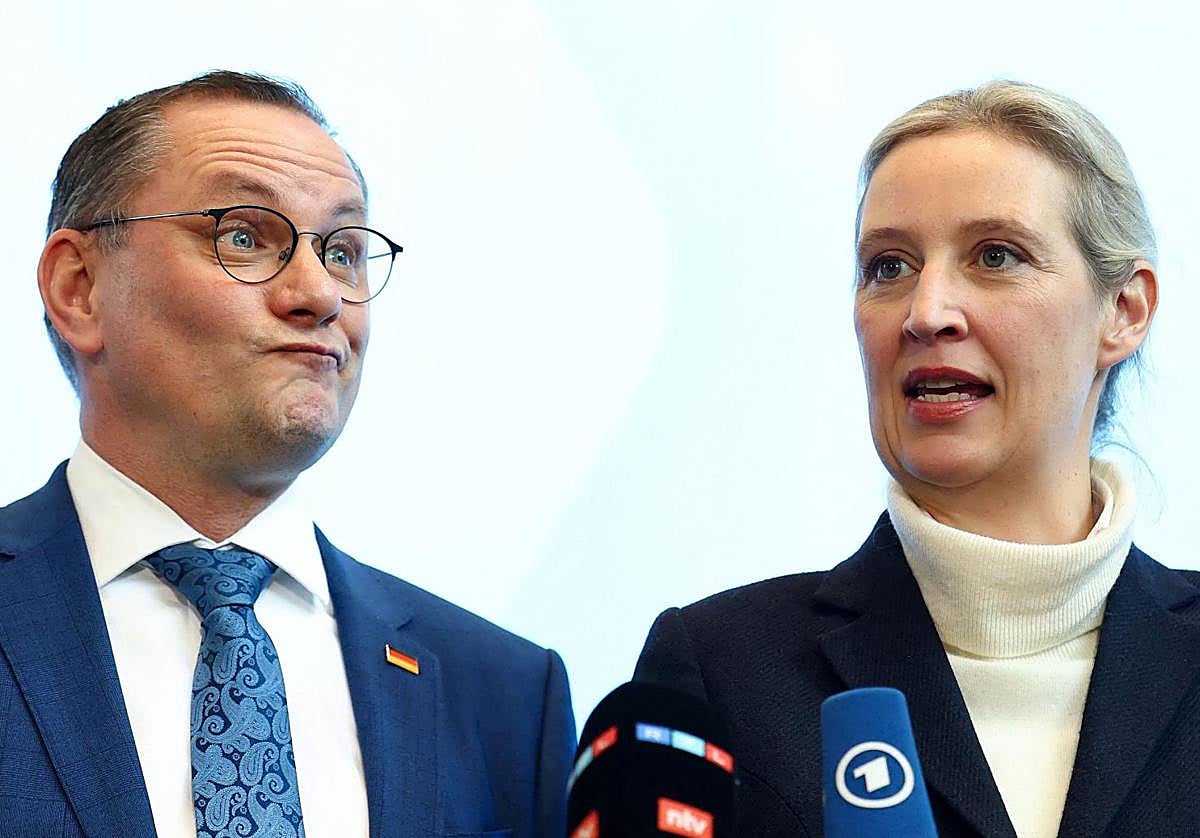 Los líderes de la formación ultraderechista alemana AfD, Alice Weidel y Tino Chrupalla, en una rueda de prensa.