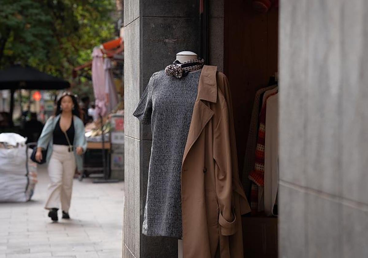 Un maniquí vestido con un vestido y un abrigo