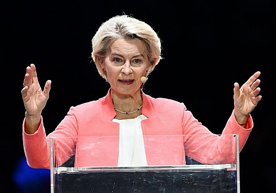 La presidenta de la Comisión Europea, Ursula von der Leyen, durante su intervención en una conferencia tecnológica en Italia.
