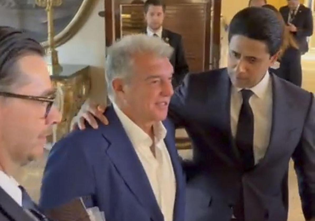 Joan Laporta and Nasser Al-Khelaïfi share the stage in Rome.